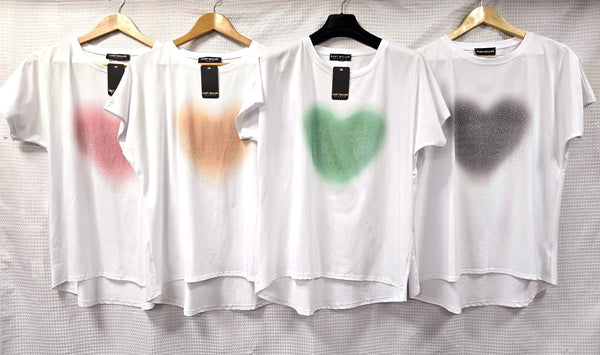 Pastel Diamante Heart Cotton T-shirt Top