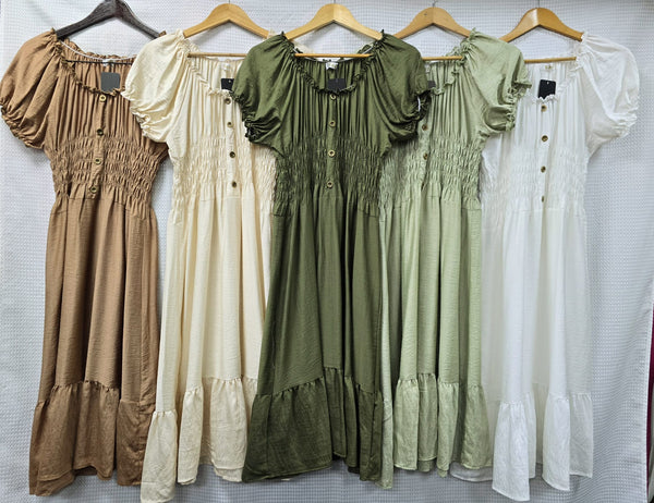 Plain Linen Cotton Blend Bardot Rouched Midi Dress