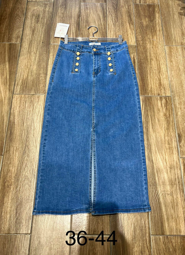 Gold Button Denim Stretch Skirt