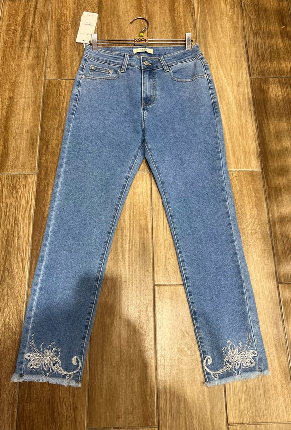 Floral Diamante Frayed Edge Stretch Jeans