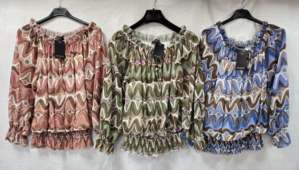 Wave Print Ruffle Bardot Blouse