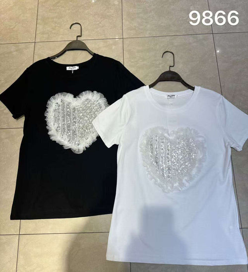 Pearl Diamante Frill Heart Embellished Tshirt