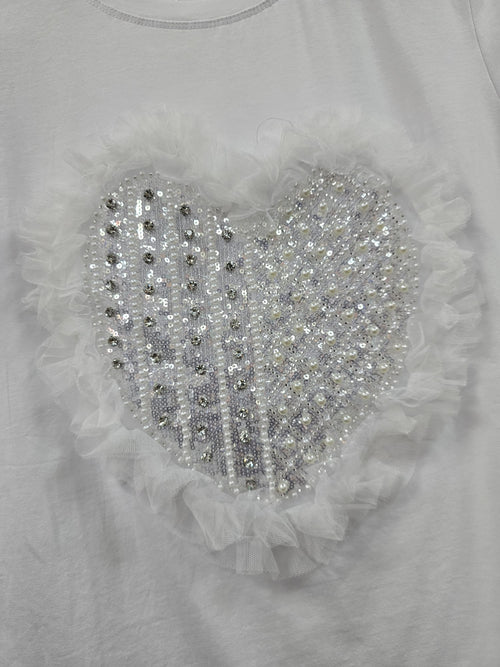 Pearl Diamante Frill Heart Embellished Tshirt