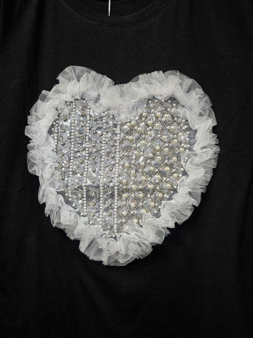 Pearl Diamante Frill Heart Embellished Tshirt
