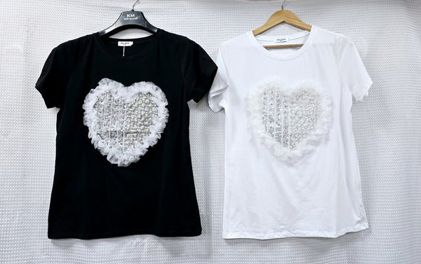 Pearl Diamante Frill Heart Embellished Tshirt