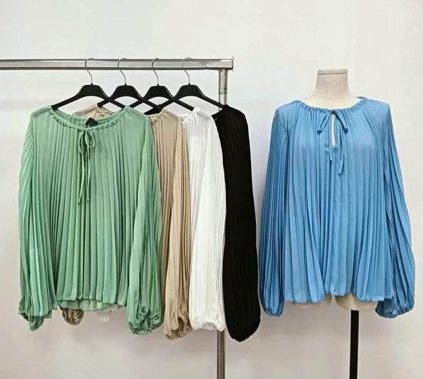 Plisse Long Sleeve Italian Blouse
