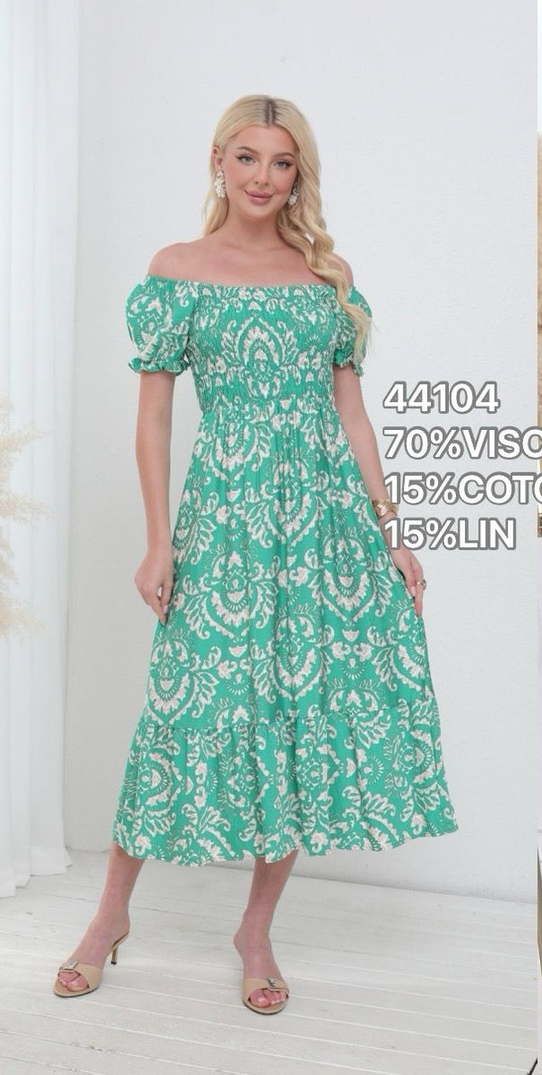 Baroque Rouched Bardot Linen Cotton Dress