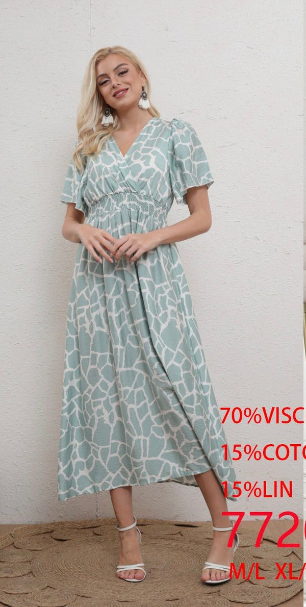 Giraffe Crossover Double V Tie Back Cotton Linen Dress
