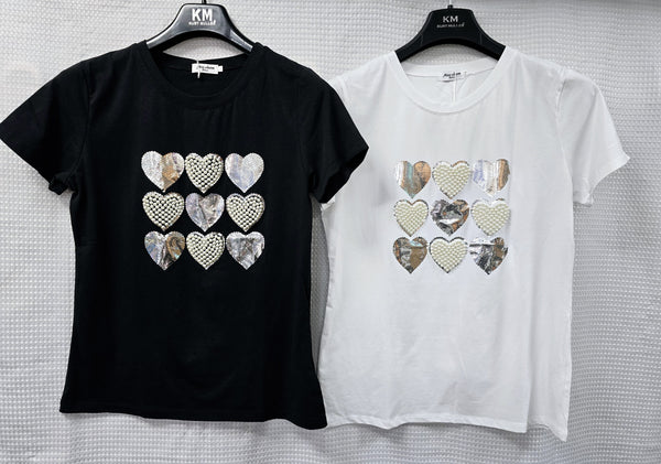 Multi Heart Pearl Trim Cotton T-shirt
