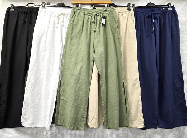 Side Split Wide Leg Linen Cotton Trousers