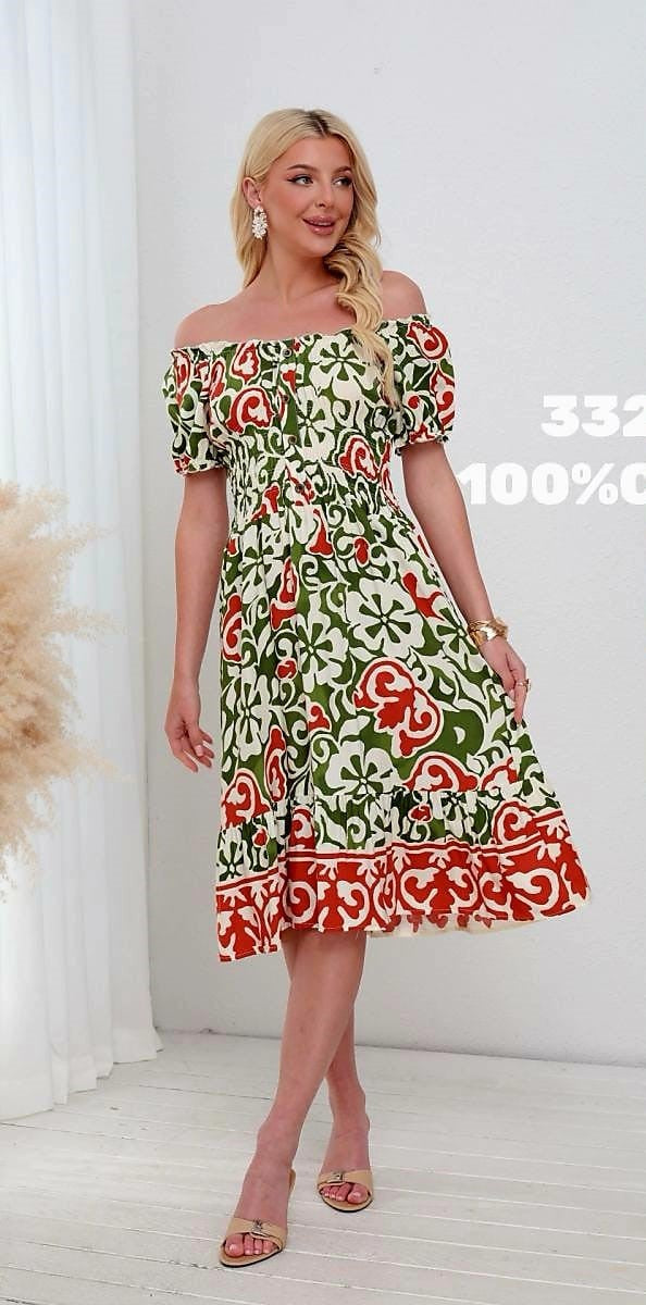 Poppy Print Cotton Linen Bardot Midi Dress
