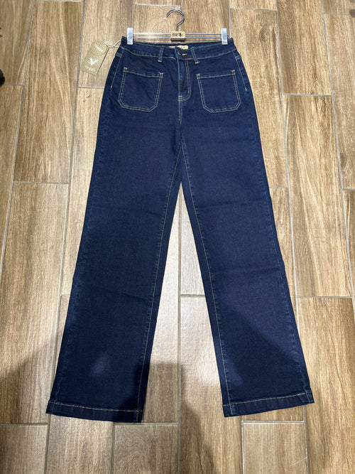 Two Front Pocket Wide Leg Dark Wash Indigo Jeans
