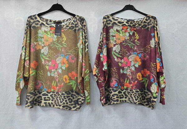 Botanical Print Mesh Fine Knit Top