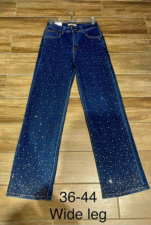 Crystal Embellished Voggo Wide Leg Indigo Jeans
