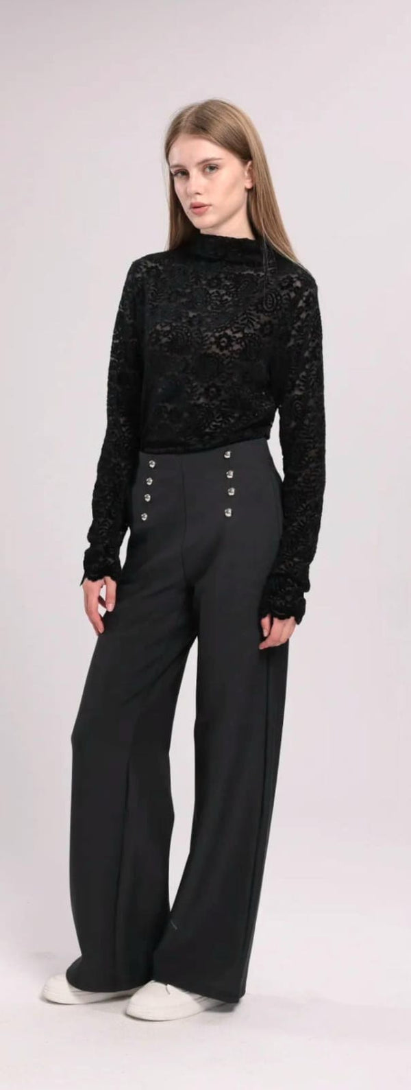 Silver Button Wide Leg Bi Stretch Trousers