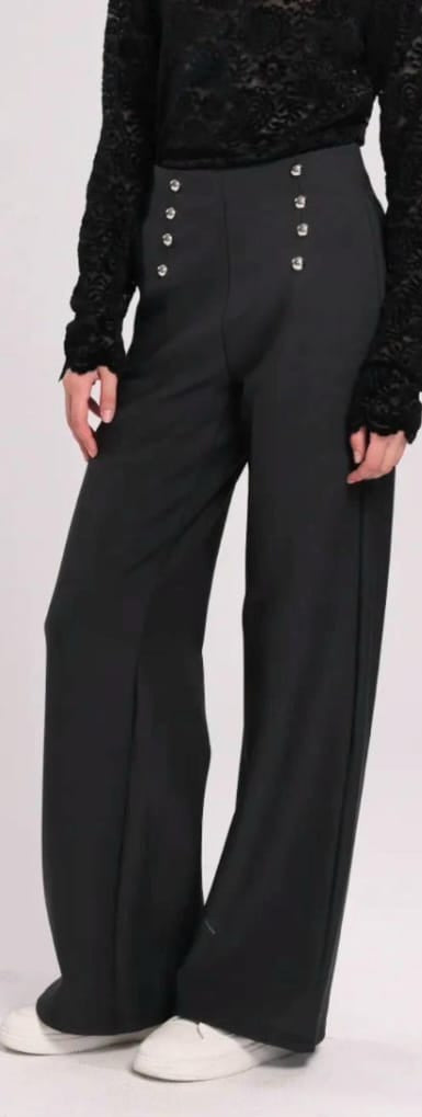 Silver Button Wide Leg Scuba Cotton Bi Stretch Trousers