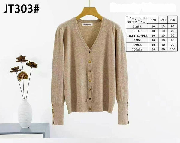 V Gold Button Cuff Fine Knit Cardi