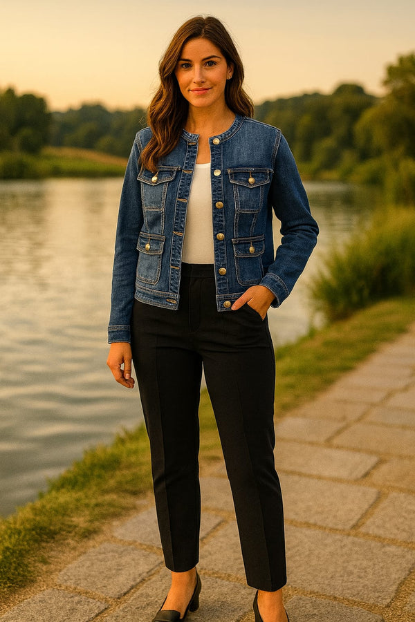 Voggo Gold Button Mandarin Denim Jacket