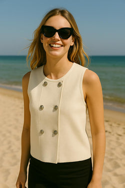 Ribbed Silver Button Sleeveless Knit Vest