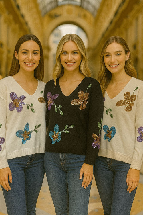 Amelia Wool Blend Sequin Floral V Neck