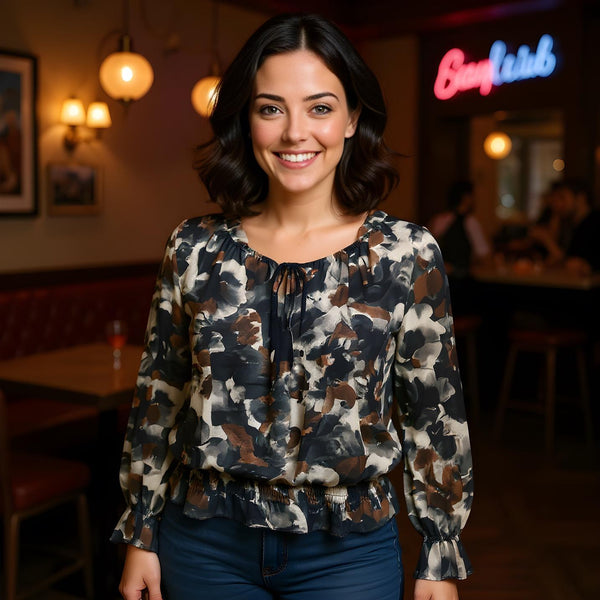 Abstract Floral Ruffle Bardot Blouse
