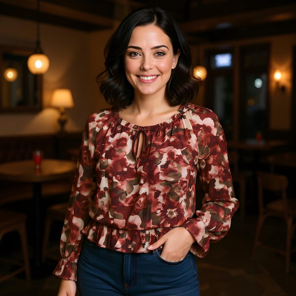 Contrast Leaf Ruffle Frill Bardot blouse