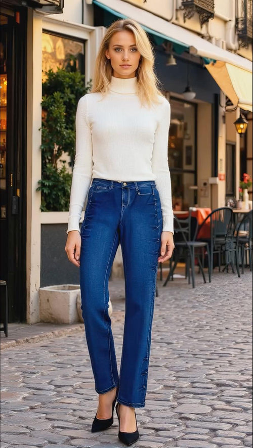 Vintage Side Stud Wide Leg Stretch Jeans