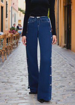 Silver Button Side Wide Leg Voggo Jeans