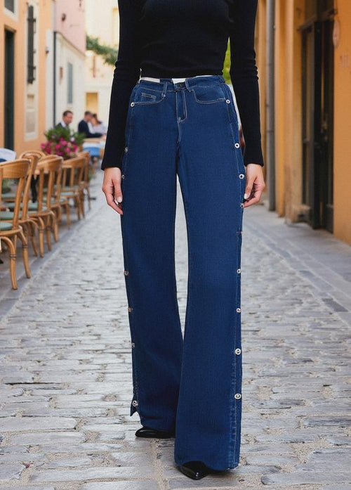 Silver Button Side Wide Leg Voggo Jeans