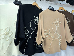 Floral Pearl Embellished Turtle Knit