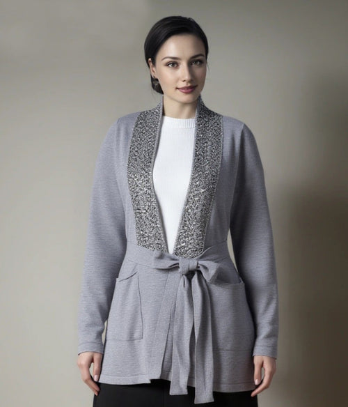 Diamante✨️Leopard Trim Belted Pocket Cardigan