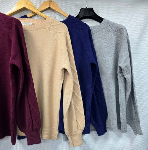 Diamond Cable Detail Sleeve Crew Neck Knit Jumper