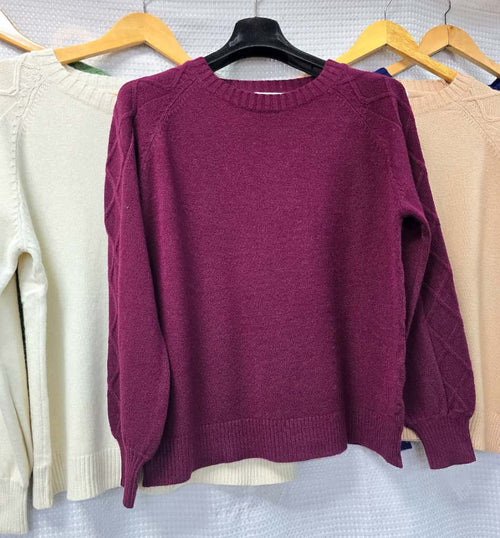 Diamond Cable Detail Sleeve Crew Neck Knit Jumper