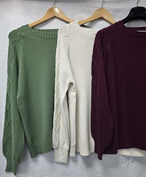 Diamond Cable Detail Sleeve Crew Neck Knit Jumper