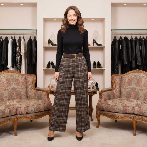 Check Print Barrel Velvet Cord Trousers