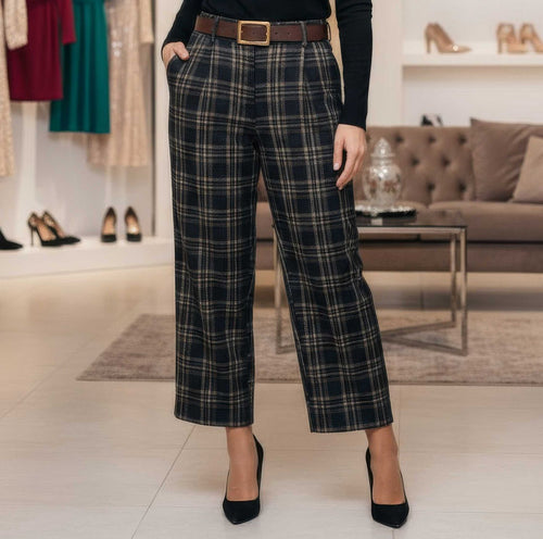 Check Print Barrel Velvet Cord Trousers