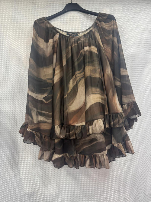 Marble Print Frill Edge Hem Blouse