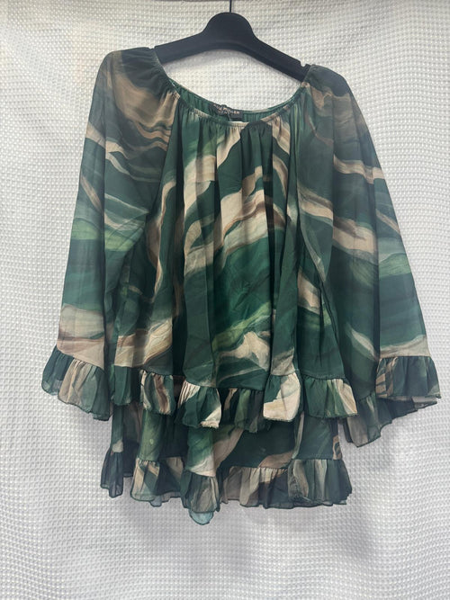 Marble Print Frill Edge Hem Blouse