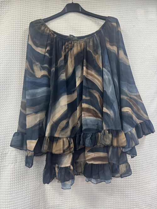 Marble Print Frill Edge Hem Blouse