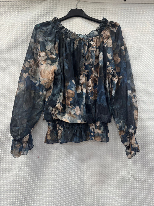 Floral Lurex Print Bardot Blouse