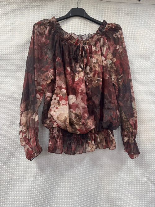 Floral Lurex Print Bardot Blouse