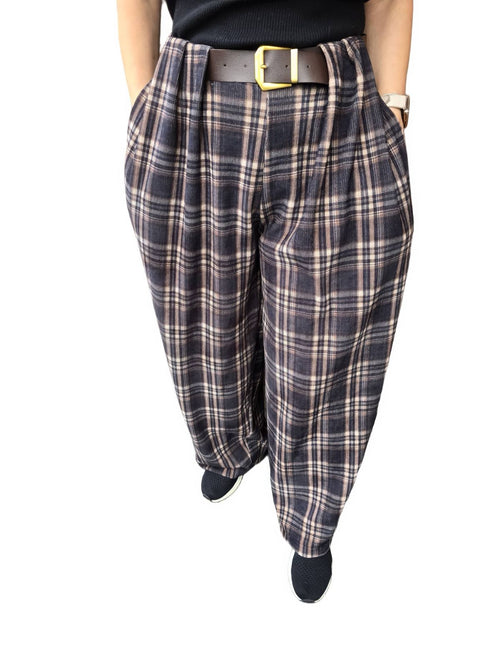 Check Print Barrel Velvet Cord Trousers