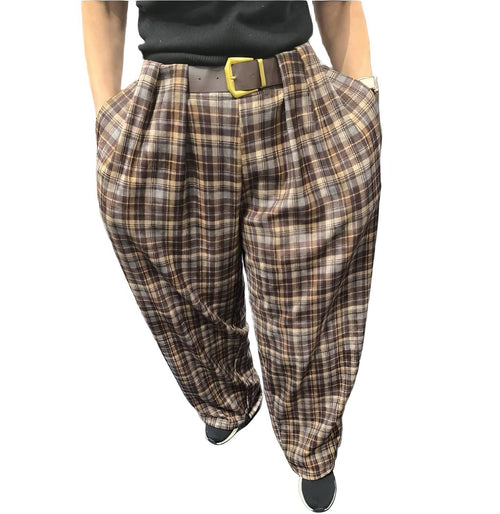 Check Print Barrel Velvet Cord Trousers