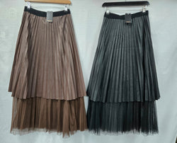Leather Look Pleated Lace Midaxi Skirt