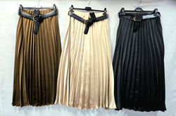 Sateen Pleated Belted Midaxi Skirt