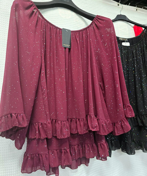 Shimmer Frill Layered Bardot Tunic Top