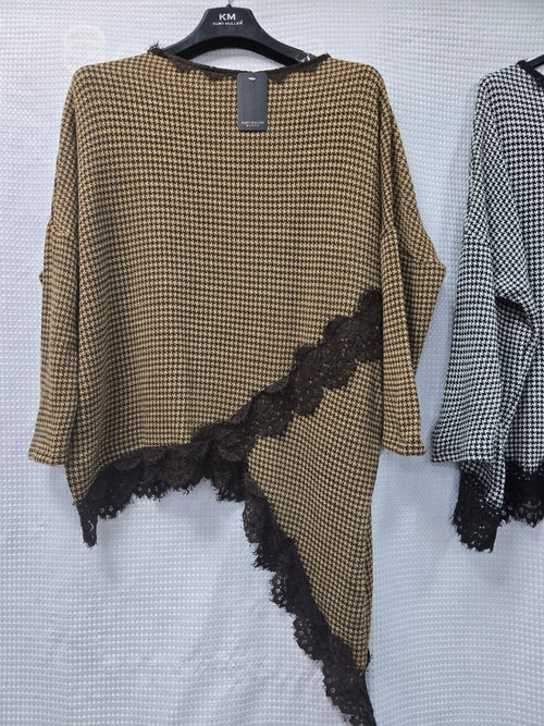 Check Asymmetric Lace Trim Tunic Top