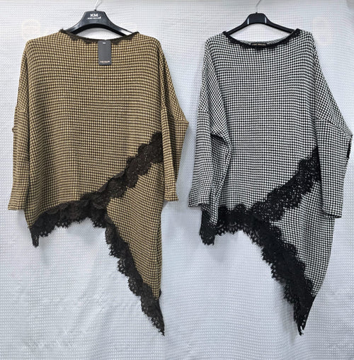 Check Asymmetric Lace Trim Tunic Top