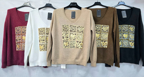 Heart Diamante V Neck Fine Knit