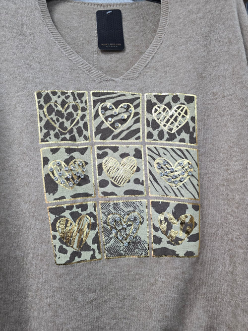 Heart Diamante V Neck Fine Knit